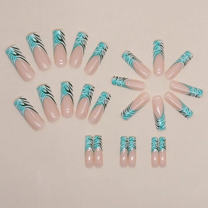 Long coffin fake nails with green and white abstract lines on nude pink base