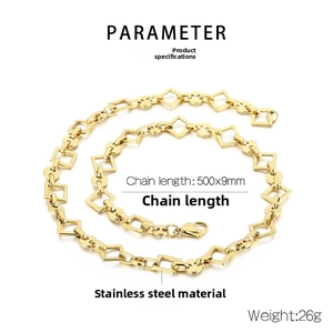 Detail view of gold stainless steel geometric chain with lobster clasp and dimensions