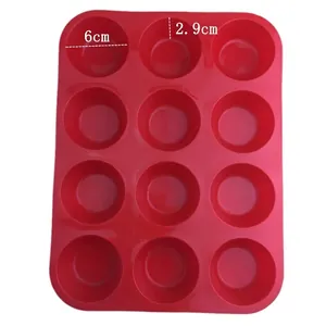 Red 12-cup silicone muffin pan for baking cupcakes and muffins with 6cm cavity diameter