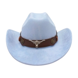 Light blue western cowboy hat with longhorn bull head leather band