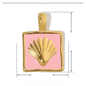 Detailed view of pink enamel square pendant with gold fan relief and dimension specs