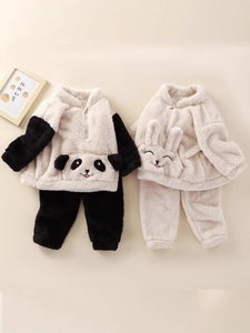 Cute Cartoon Animal Baby Fleece Pajamas Warm Flannel Homewear Pullover Top And Pants Toddler Winter Outfit