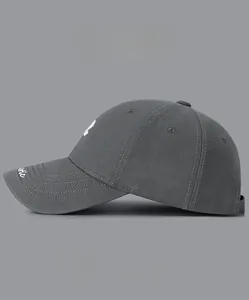 Detail of dark grey cotton baseball cap with white embroidery showing trendy color options