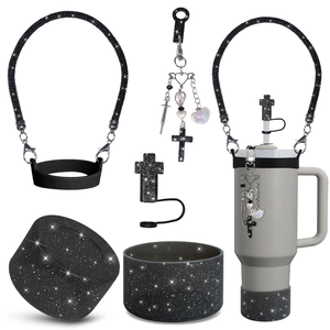 Close-up of black glitter silicone handle, cross straw cover and charm for tumblers