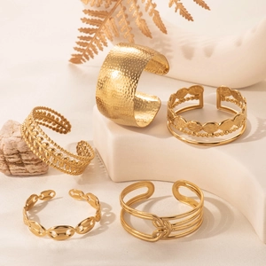 Vintage Stainless Steel Open Cuff Bracelet For Women Gold Plated Hammered Texture Leaf Hollow Multi Layer Adjustable Fashion Jewelry Gift