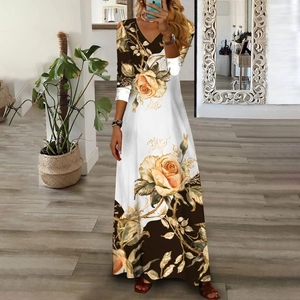Women's V-neck maxi dress with vintage yellow rose print and contrast paneling