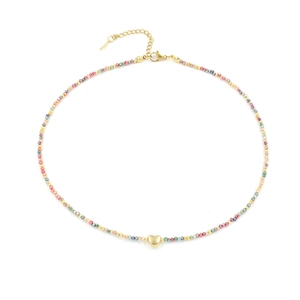 Colorful macaron crystal beaded necklace with a golden heart pendant for women