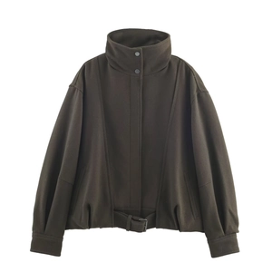 Deep olive short wool blend jacket with stand collar and belted hem decoration