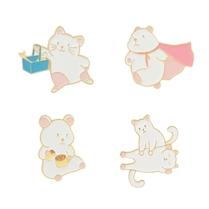 Set of 4 cute enamel pins featuring cartoon cats and pets in various playful poses