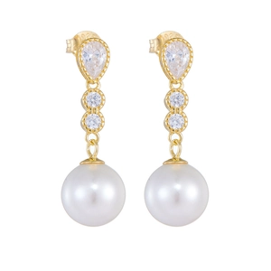 Elegant 925 sterling silver long drop earrings with white pearls and teardrop zircons