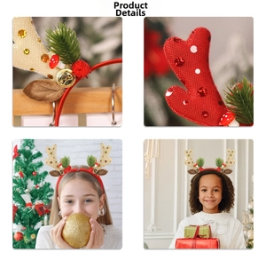 Detail of Christmas reindeer antler headband with sequins, bells, and pine decorations