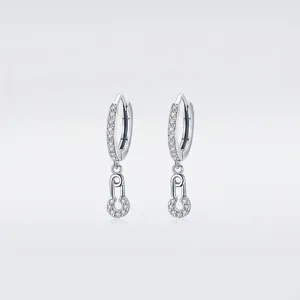 925 Sterling Silver Safety Pin Drop Earrings Pave Cubic Zirconia Sparkling Hoop Fashion Jewelry For Women Girls