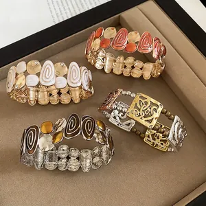 Vintage enamel square stretch bracelets with hollow patterns and colorful swirl designs