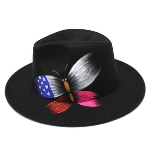 Black wool fedora hat with hand-painted American flag butterfly design for couples