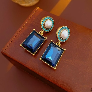 Vintage style drop earrings with blue crystal rectangular pendant and pearl stud