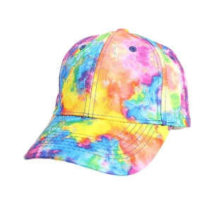 Colorful tie-dye gradient baseball cap with curved brim shown in a side 45-degree angle view