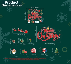 Detailed dimensions of Christmas wall stickers including Santa sleigh and snowman decals