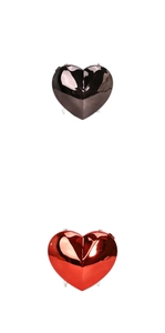 Vertical display of heart-shaped acrylic clutch bags in metallic grey and glossy red