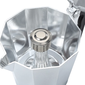 Italian style aluminum moka pot with double valve design and interior coffee spout view