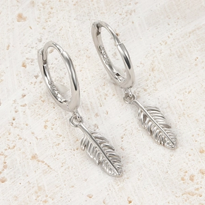 Exquisite S925 sterling silver feather drop earrings with hoop closure for women