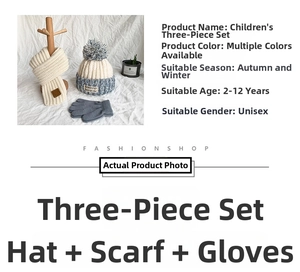 Three-piece winter set for kids including knit hat with pompom, scarf and gloves in beige