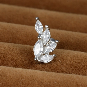 Macro shot of silver stainless steel leaf stud earrings with marquise-cut zircons