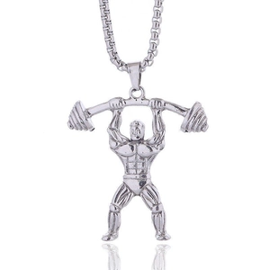 Polished silver barbell lifter pendant necklace for men featuring a gym fitness design