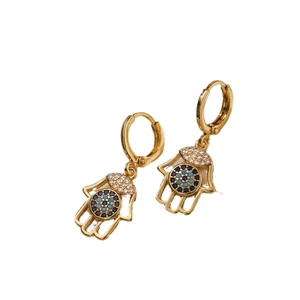 18K gold plated Hamsa hand earrings with blue zircon evil eye and clear stones