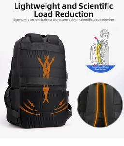 Ergonomic breathable mesh back and S-shaped shoulder straps on black business backpack