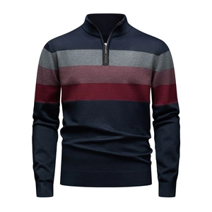 Close-up of men's slim fit quarter-zip knit sweater with horizontal striped patterns