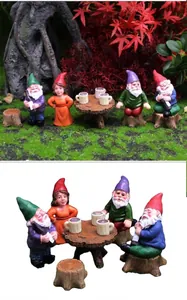 Miniature garden gnome party set with detailed resin figurines and tiny furniture