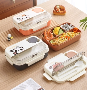 Detail of 4-compartment bento box with utensil storage and portable plastic lid