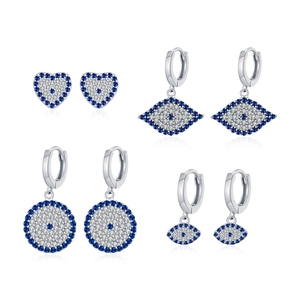 S925 sterling silver evil eye stud earring set with blue and white zircon accents