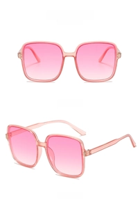Front and 45-degree side views of pink square sunglasses with gradient lenses