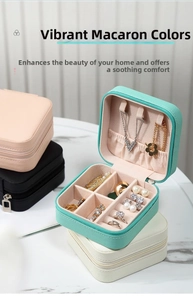 Portable PU leather jewelry box with zipper, showing multiple colors and interior compartments