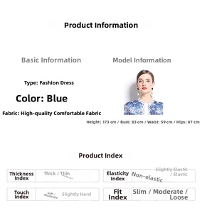 Detailed size chart for blue lace dress showing model measurements and fabric details