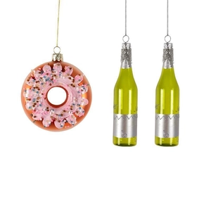 Pink donut and green wine bottle glass ornaments for creative Christmas tree decoration