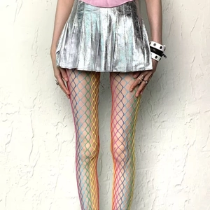 Rainbow gradient fishnet stockings with rhinestones and large mesh for Y2K street style