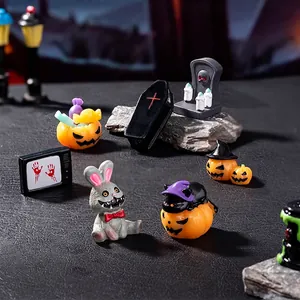 Miniature Halloween resin figurines set including pumpkin, coffin and zombie rabbit
