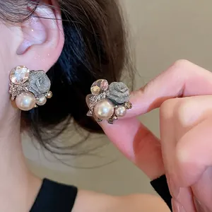 Flower Cluster Stud Earrings With Imitation Artificial Pearl Rhinestone Fabric Floral Silver Earring Post Vintage Elegant French Style
