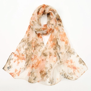 Beige floral chiffon scarf with elegant orange and brown blossom prints for summer