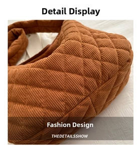 Detailed view of brown corduroy tote bag featuring elegant quilted diamond patterns