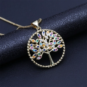 Detailed view of Tree of Life pendant with colorful gemstones on a gold box chain