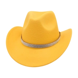 Detail of yellow felt western cowboy hat featuring a sparkling silver rhinestone band decor