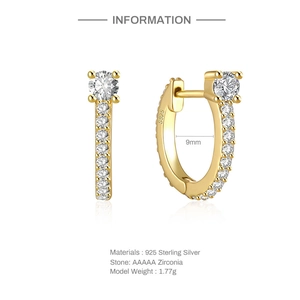 Detailed technical drawing of 9mm gold S925 sterling silver U-shaped zirconia earrings