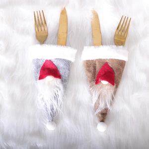 Christmas gnome cutlery holders in grey and brown plush for holiday table decor