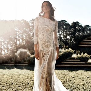 Women Elegant Lace Maxi Dress Long Sleeve Hollow Out Backless White Black Floor Length Evening Party Wedding Dress