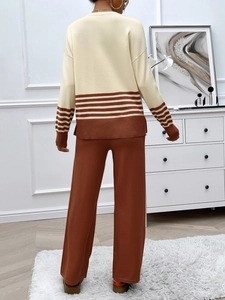 Women stripe knit 2-piece set featuring a beige sweater and brown wide-leg pants