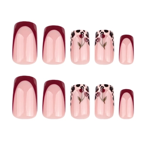 Faux ongles French rouges avec motif léopard cerise et pointes bordeaux, 10 pcs