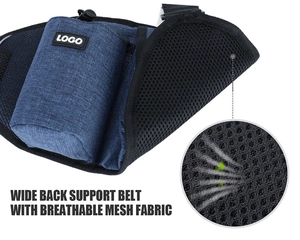 Detail of blue outdoor running waist bag with wide back support and breathable mesh